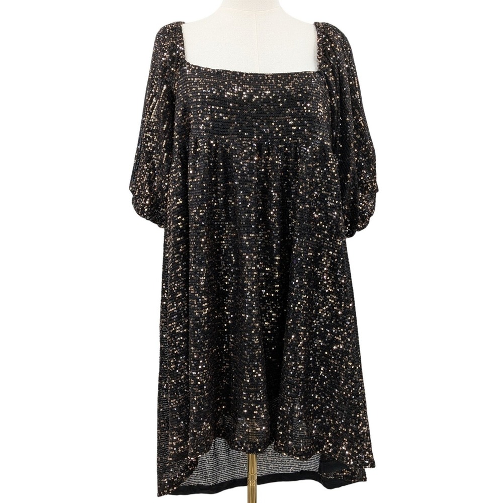 By Together Black Sequin Mini Dress Sz L‎ Puff Sleeve Scoop Back Party NYE